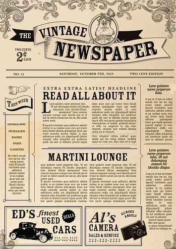 Vector illustration of a front page of an old newspaper. Use this layout template to design your own custom newspaper. Includes sample masthead, text headlines and copy. Also includes design elements such as vintage automobile, hand pointing, Steampunk man, scrolls and vintage camera. Very textured and rough background. Separate layers for easy editing. 