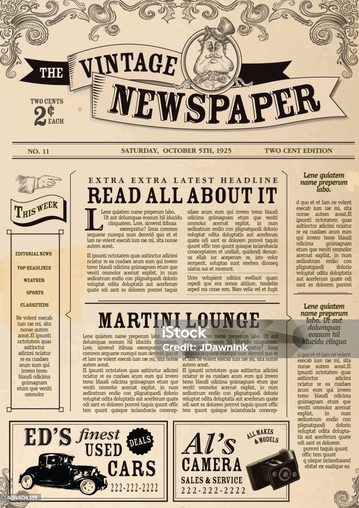Vintage Newspaper layout design template Vector illustration of a front page of an old newspaper. Use this layout template to design your own custom newspaper. Includes sample masthead, text headlines and copy. Also includes design elements such as vintage automobile, hand pointing, Steampunk man, scrolls and vintage camera. Very textured and rough background. Separate layers for easy editing.  Newspaper stock vector