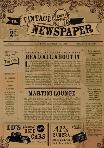 Vintage Newspaper layout design template Vector illustration of a front page of an old newspaper. Use this layout template to design your own custom newspaper. Includes sample masthead, text headlines and copy. Also includes design elements such as vintage automobile, hand pointing, Steampunk man, scrolls and vintage camera. Very textured and rough background. Separate layers for easy editing.  old newspaper stock illustrations