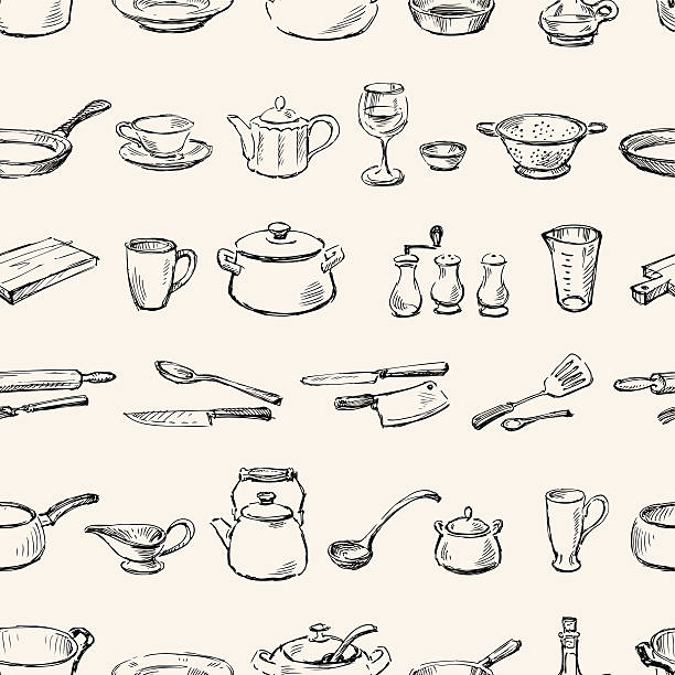 패턴 부엌 용품 비치 - white background isolated on white cutting board cooking stock illustrations