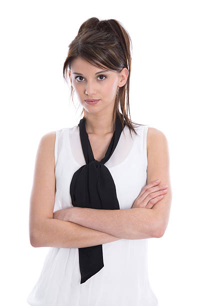 istock Isolated serious young female with crossed arms on white. 484404895