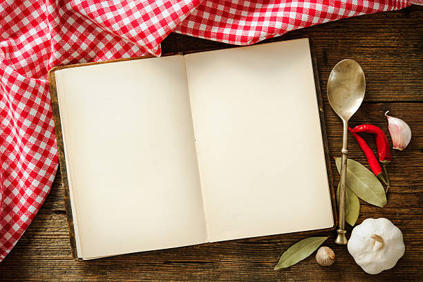 Blank cookbook and spices Blank cookbook and spices on wooden table tablecloth photos stock pictures, royalty-free photos & images