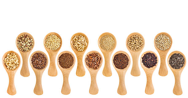 без �глютена зерна и семян-ложкой абстрактный - tablespoon chia healthy eating seed стоковые фото и изображения