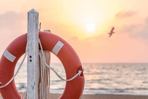 istock Sunrise at the beach behind a lifeguard float 484414888