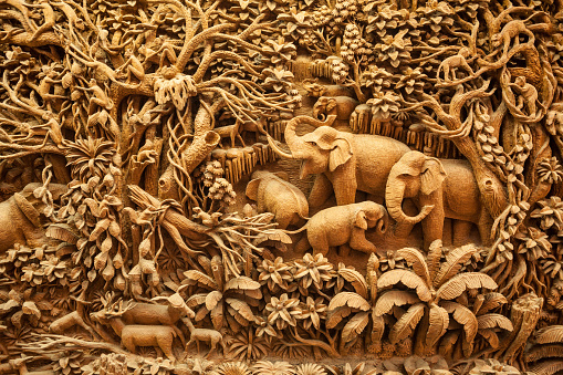 A stone relief showing two elephants on the end of the Gal Pota, Polonnaruwa. The Gal Pota (Stone Book) is a large stone measuring 9 metres by 1.5 metres by 60 centimetres covered with an inscription extolling the virtues of King Nissanka Malla. Polonnaruwa, the second most ancient of Sri Lanka's kingdoms, was first declared the capital city by King Vijayabahu I, who defeated the Chola invaders in 1070 CE to reunite the country under a national leader.