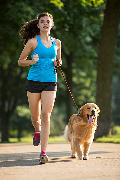 istock Jogger and Golden Retriever Running on a Paved Trail. 484423614