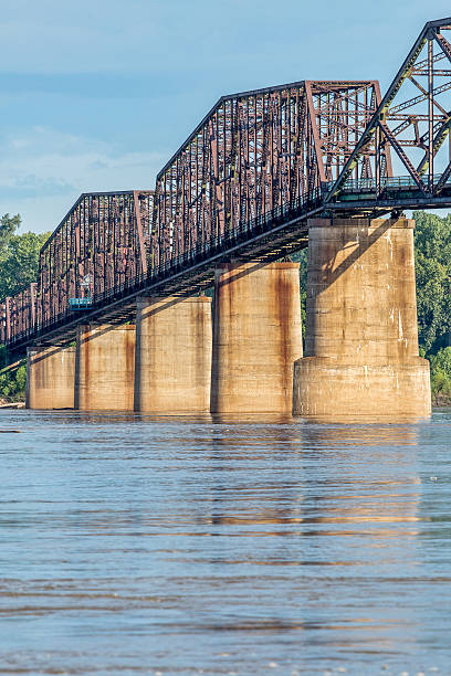 a detail of The Old Chain of Rocks bridge and historic water (intake) tower on the Mississippi River near St Louis