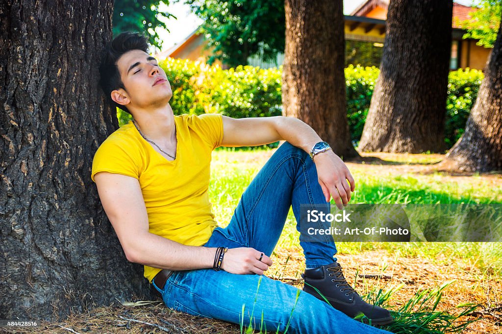 Attractive young man in park resting against tree Attractive young man in park resting or sleeping against tree, relaxed in a sunny summer day 2015 Stock Photo