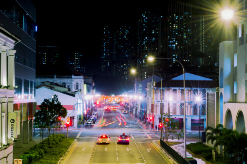 Singapore night cityscape. Traffic at night. Copy space.