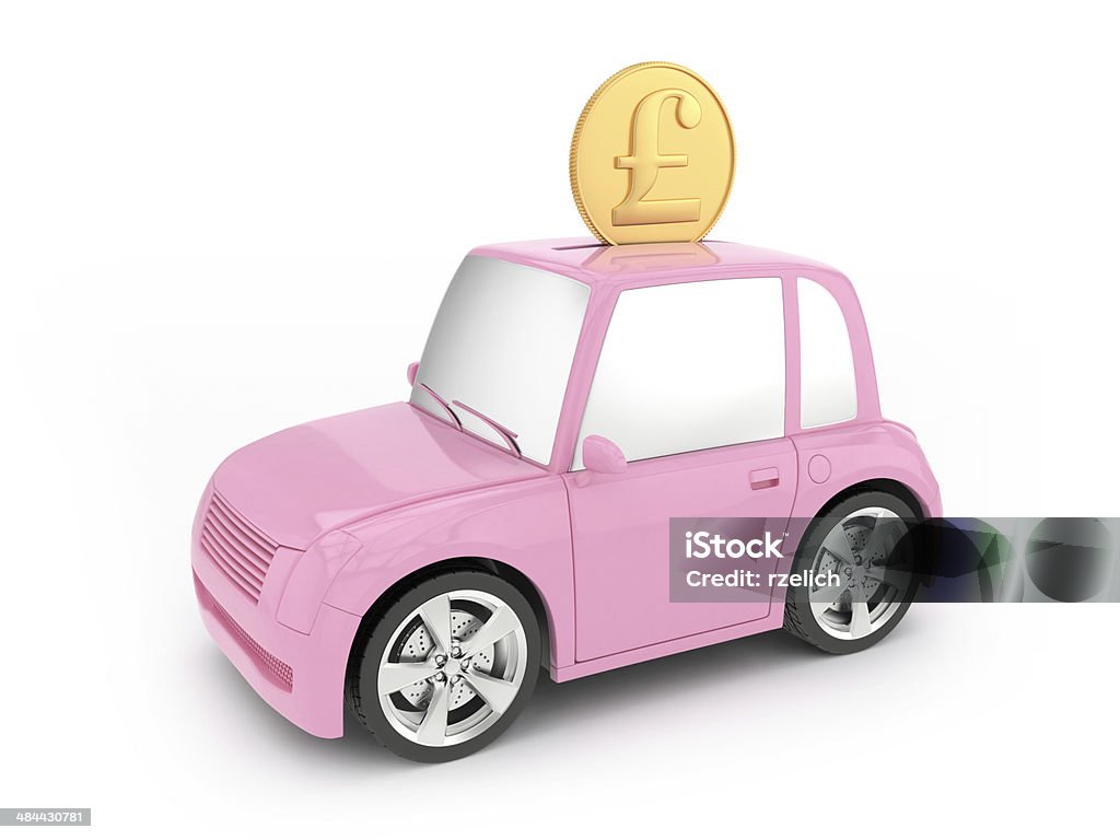 Piggy bank car with pound Pink piggy bank car with pound sign, 3d render Car Stock Photo