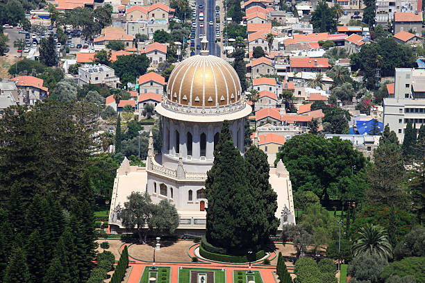 istock Bahai Gardens Stairs and temple 484431142