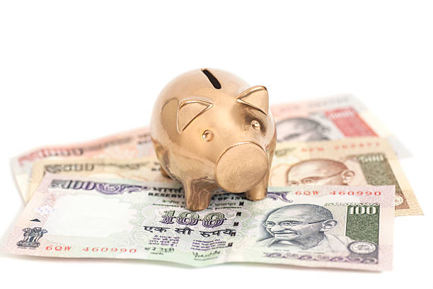 istock Golden piggy bank on indian rupee 484431310