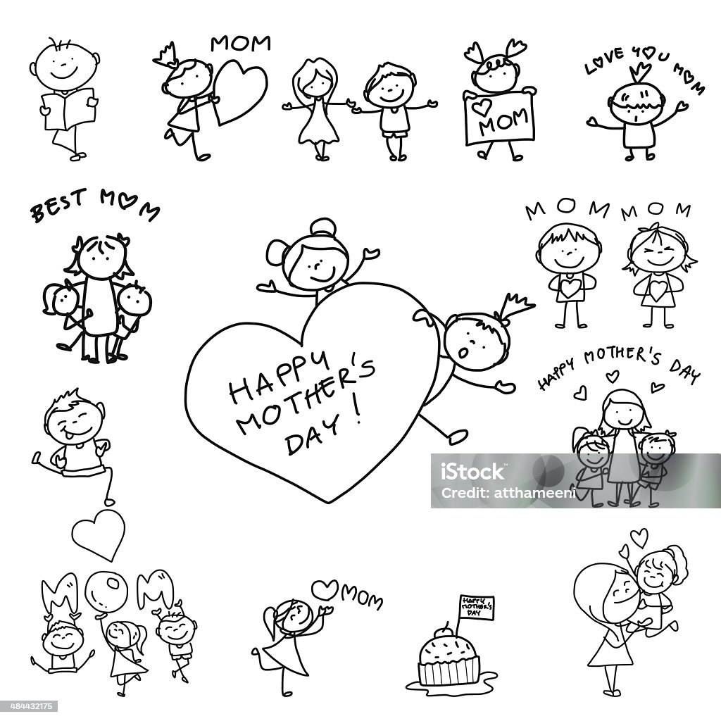 Hand Drawing Cartoon Concept Happy Mothers Day Stock Illustration -  Download Image Now - Boys, Cake, Celebration - iStock