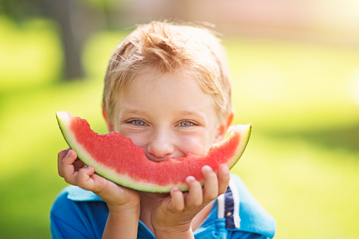 Smiling little boy aged 5 holding a piece of watermelon. Summer day in the garden.
