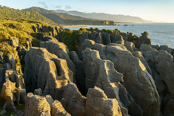 Pancake Rocks at sunset, near Punakaiki, West Coast, South Island, New Zealand,