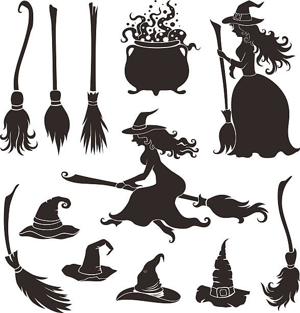halloween hexen mit besen und mützen. - halloween witch domestic cat frame stock-grafiken, -clipart, -cartoons und -symbole