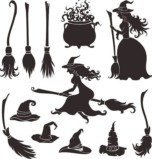 illustrazioni stock, clip art, cartoni animati e icone di tendenza di halloween streghe con scope e berretti. - witchs hat