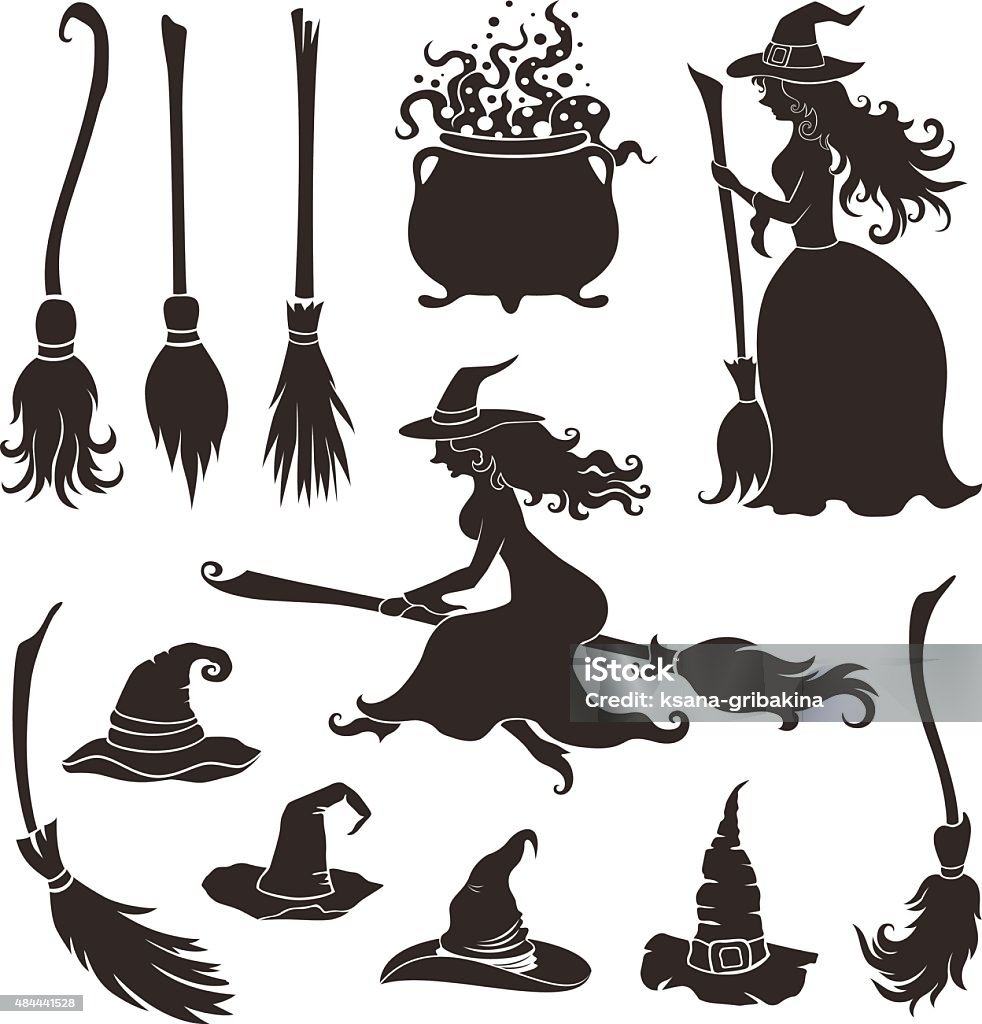 Halloween witches with brooms and hats. Broom stock vector