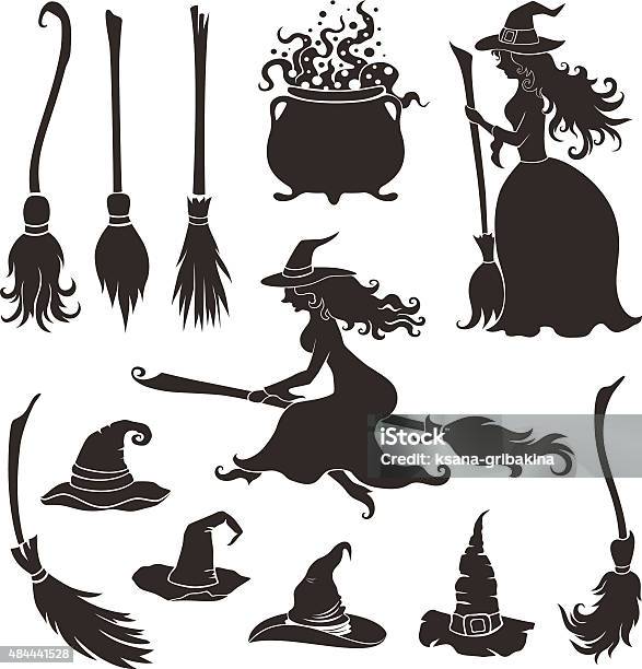 Halloween Witches With Brooms And Hats Stock Illustration - Download Image Now - Broom, Witch, Witch's Hat