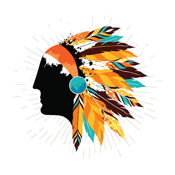 Native american men in tribal headdress Native american men in tribal headdress. Authentic  poster with silhouette of indigenous warrior. headdress stock illustrations