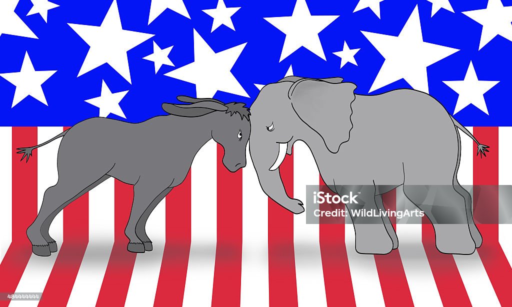 Democrats vs Republican Debate The United States donkey (democratic symbol) and elephant (republican symbol) pressing their heads in political debate.  The background is a stars and stripes banner. Donkey Stock Photo