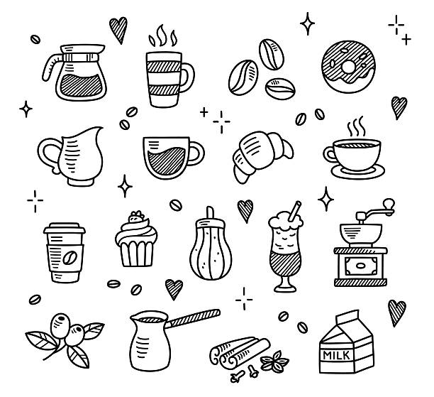Cofee doodles Large set of hand drawn coffee doodles: drinks, desserts, beans and other related objects. baked pastry item stock illustrations