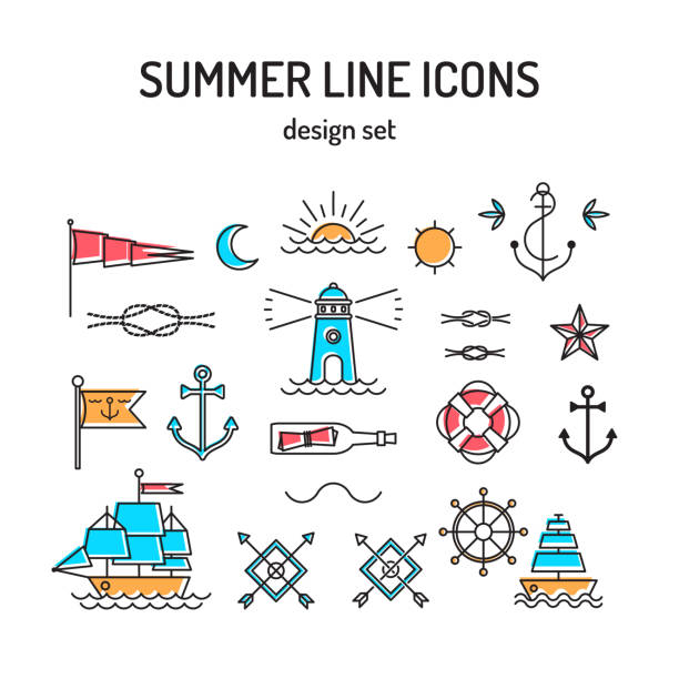 ilustrações de stock, clip art, desenhos animados e ícones de linha conjunto de ícones de verão. elementos de design náutico em retro tatuagem - nautical vessel pattern rope tattoo
