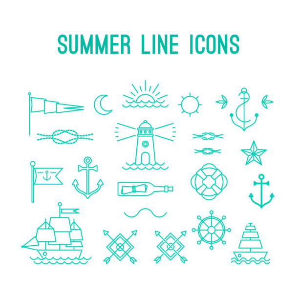 여름 꺾은선형 아이콘크기 설정합니다. 해상 디자인 요소를 복고풍 tattoo - nautical vessel wave pattern old fashioned summer stock illustrations