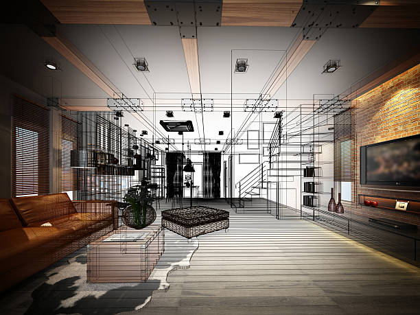 istock sketch design of living ,3dwire frame render 484459350