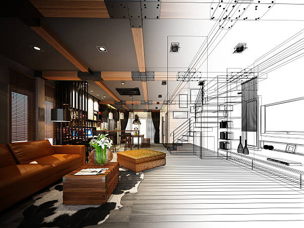 istock sketch design of living ,3dwire frame render 484459352