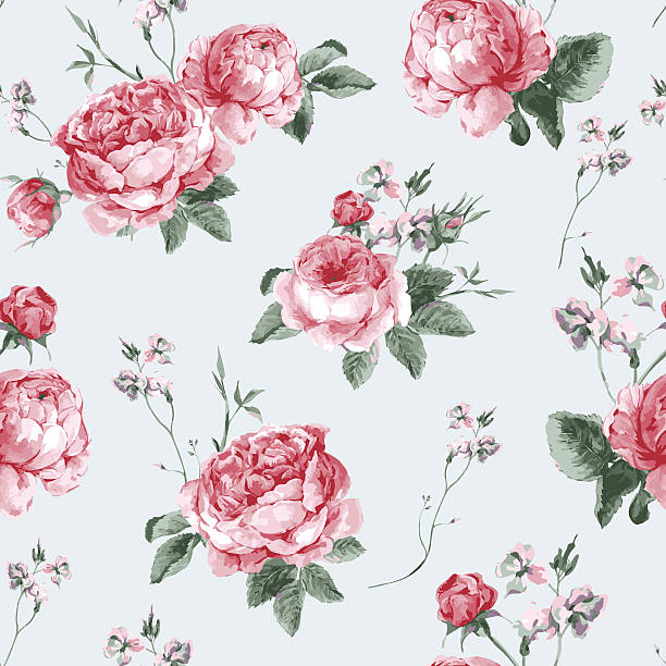 ilustrações, clipart, desenhos animados e ícones de sem costura vintage floral fundo com rosas florescendo inglês - beautiful white pink messy