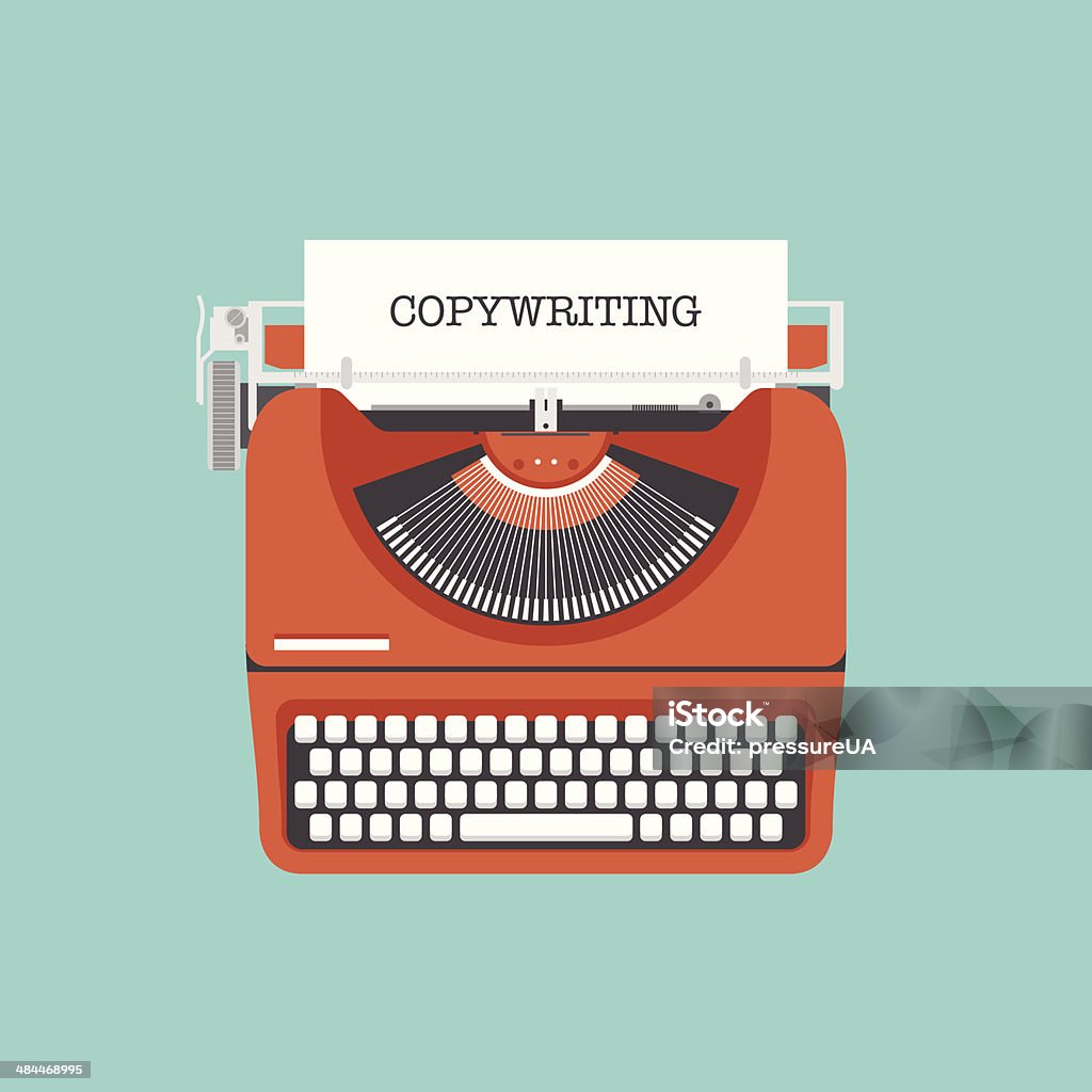 Copywriting flat illustration concept Flat design style modern vector illustration concept of copywriting marketing information, public relations advertising text, social media campaign blogging, business promotion materials and presentation a new product on a market. Isolated on stylish color background. Typewriter stock vector