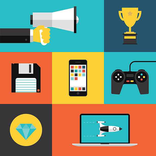 Playing games flat icons set Different technology icons on squares of varied sizes and colors.  The first square at the top is bigger than the rest and has a blue background, depicting a hand holding a white and gray megaphone.  The next square is dark blue and depicts a yellow trophy.  The next row begins with an orange square containing a black hard drive.  The next square is yellow with a black phone at its center.  The next one is blue with a black controller.  The last row starts with a black square with a yellow circle and a blue diamond. The last square is orange with a laptop showing a rocket on the screen. gamification badge stock illustrations
