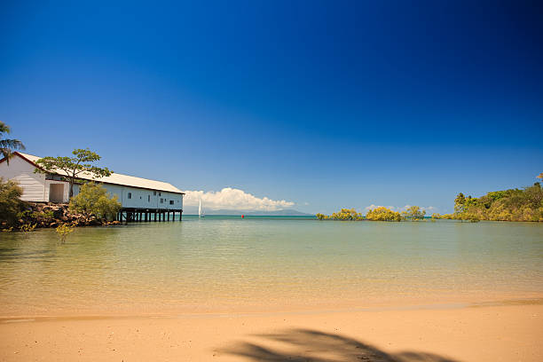 Tropical beach and bay, Port Douglas, Cairns, Australia. Beautiful tropical beach and bay with a calm ocean and golden sand and a building on a pier jutting into the water, Port douglas, cairns, Australia. port douglas photos stock pictures, royalty-free photos & images