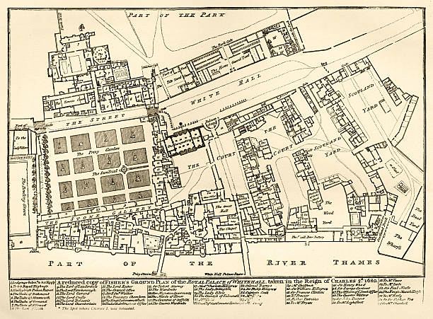 Plan of the old Royal Palace of Whitehall A ground plan of the old Royal Palace of Whitehall beside the River Thames in London. The Palace was an enormous collection of buildings and courtyards which was the main home of British monarchs until 1698 when much of the Palace was destroyed by fire. This plan was drawn up in 1680, during the reign of King Charles II. From “Old & New London” by Walter Thornbury and Edward Walford, published in parts by Cassell & Co, London from 1873-1888. These illustrations are from parts 30-35 inclusive. whitehall street stock illustrations