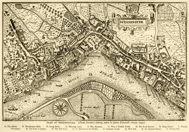 Plan of Westminster, 1593 A map of Westminster, London, from Norden’s Survey of 1593. London was much smaller then, mainly lining the banks of the River Thames without the extensive suburbs which grew over the following centuries. Note the spelling of “Wes(t)minster”! From “Old & New London” by Walter Thornbury and Edward Walford, published in parts by Cassell & Co, London from 1873-1888. These illustrations are from parts 30-35 inclusive. whitehall street stock illustrations