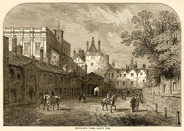 скотланд-ярд, лондон (уайтхолл), о 1720 - 19th century style urban scene horizontal sepia toned stock illustrations