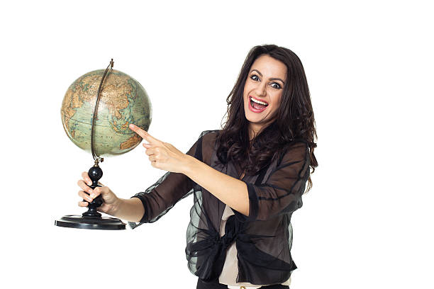 istock Young woman with globe on isolated background 484471861