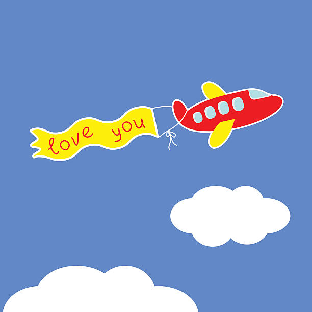 istock Cartoon red plane.  Ribbon with words Love you. Card. 484471923