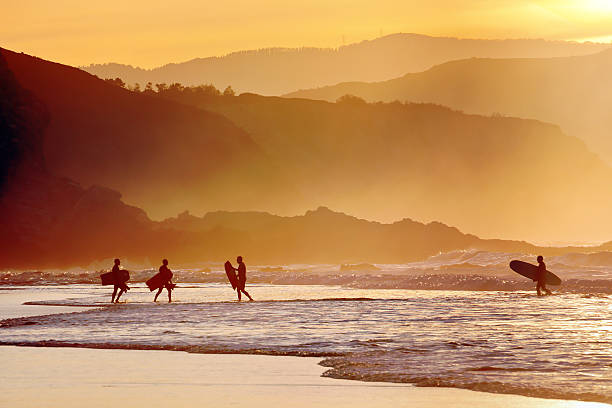 istock surfers and boogie boards at sunset 484473627