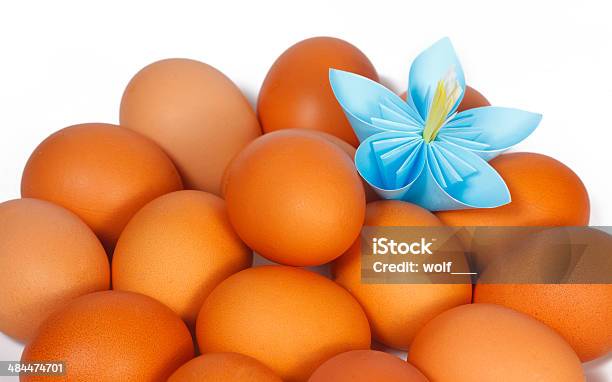 Easter Eggs On The Plate With A Paper Flower Stock Photo - Download Image Now - Adult, April, Beauty