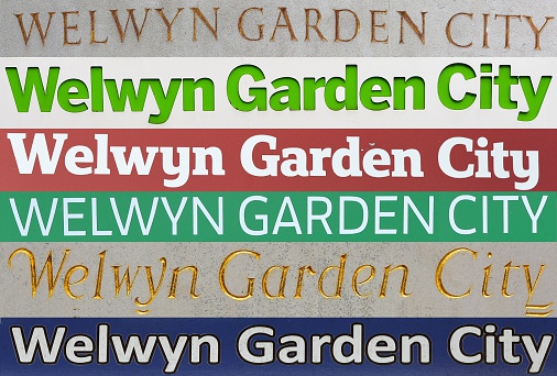 Collection of signs and architectural details from Welwyn Garden City, Hertfordshire