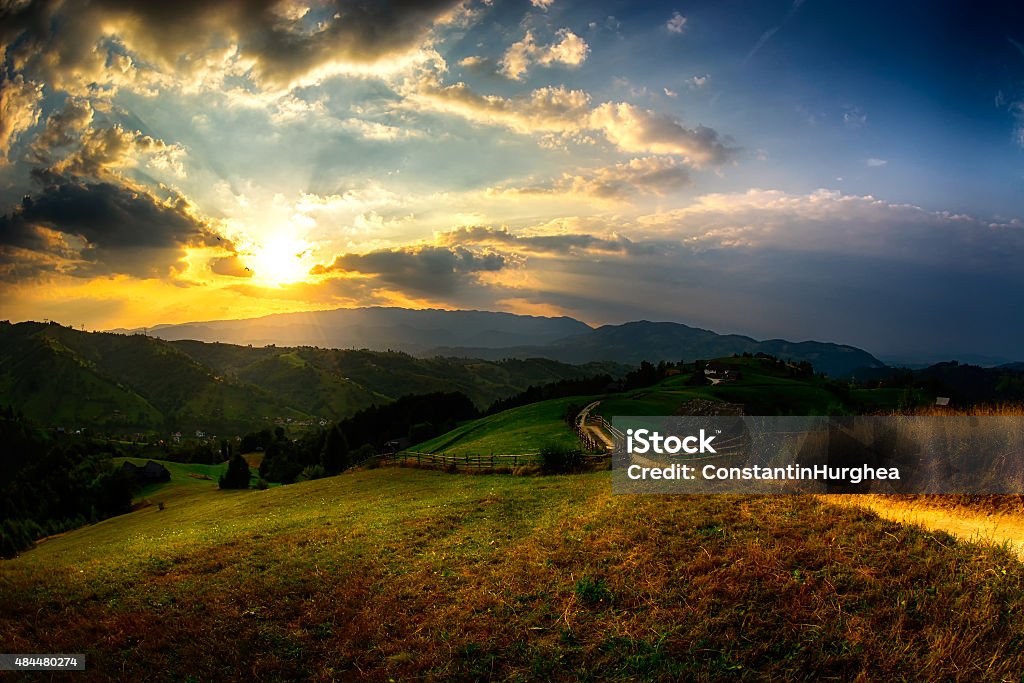Evening, sunset on mountain hills of Simon village. Bran. 2015 Stock Photo