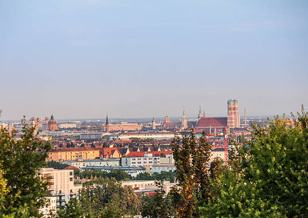 Munich city panorama with the cathedral (Frauenkirche) at sunset.