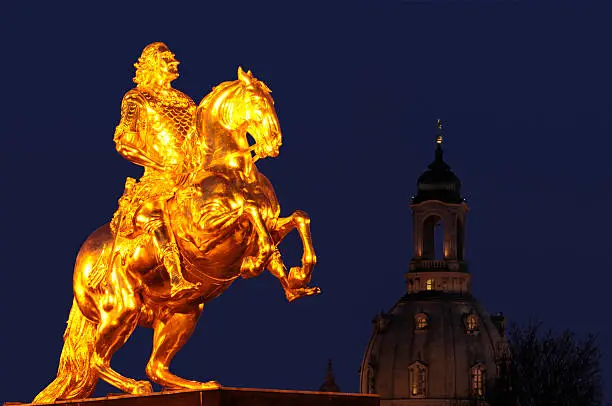 The Golden Horseman in Dresden at night - August the Strong with the Frauenkirche in the background.