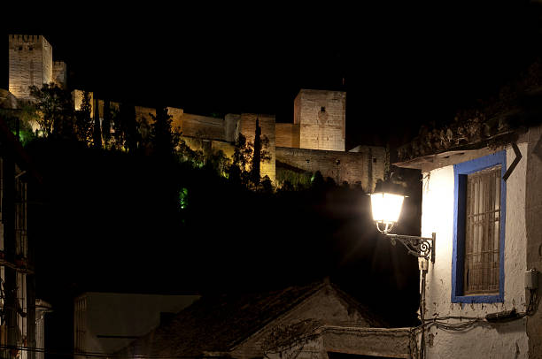 The Alhambra Palace at night from the Albayzin stock photo