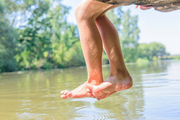 istock girl splashes feet on water 484491414