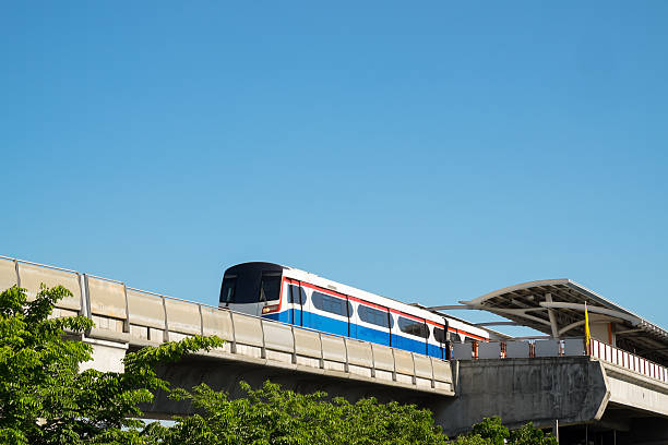 skytrain Skytrain moves out from station in Bangkok, Thailand. bts skytrain stock pictures, royalty-free photos & images