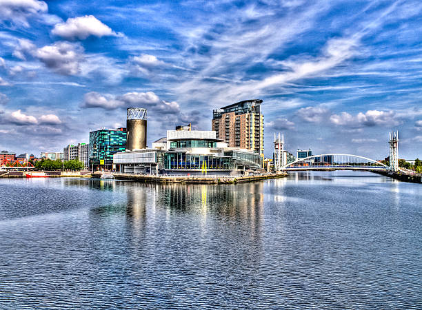 Salford, United Kingdom - June 22, 2014: MediaCityUK waterfront mixed-use development site in Salford Quays during sunny day, viewed from Media City Footbridge. Blue sky with several clouds. 