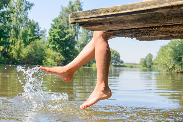istock girl splashes feet on water 484502736